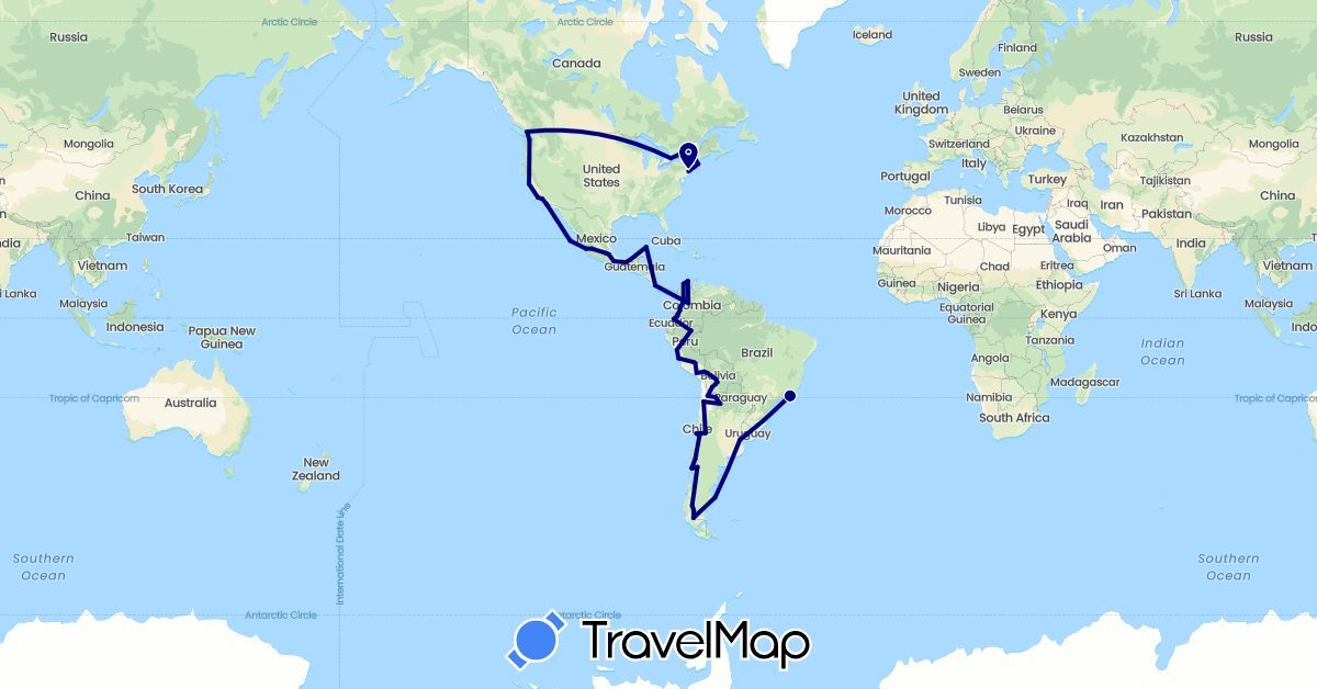 TravelMap itinerary: driving in Argentina, Bolivia, Brazil, Canada, Chile, Colombia, Costa Rica, Ecuador, Mexico, Peru, United States (North America, South America)